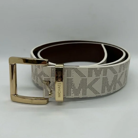 Michael Kors White and Gold Monogram Belt MICHAEL KORS 553143C Women MK Signature Belt White Vanilla  main image 4